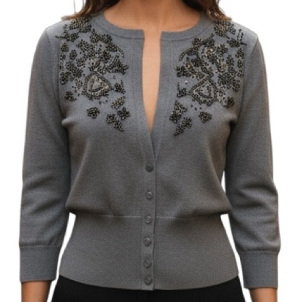 NWT Talbots Silk Blend Beaded Gray Cardigan Sweater in Size Large